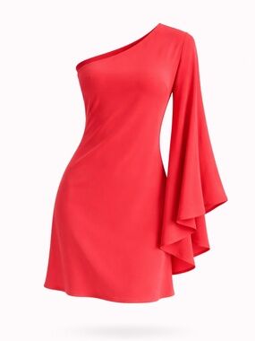Nicole Miller 100% Silk One-Shoulder Coral Pink One Shoulder Dress Bell Sleeve 0